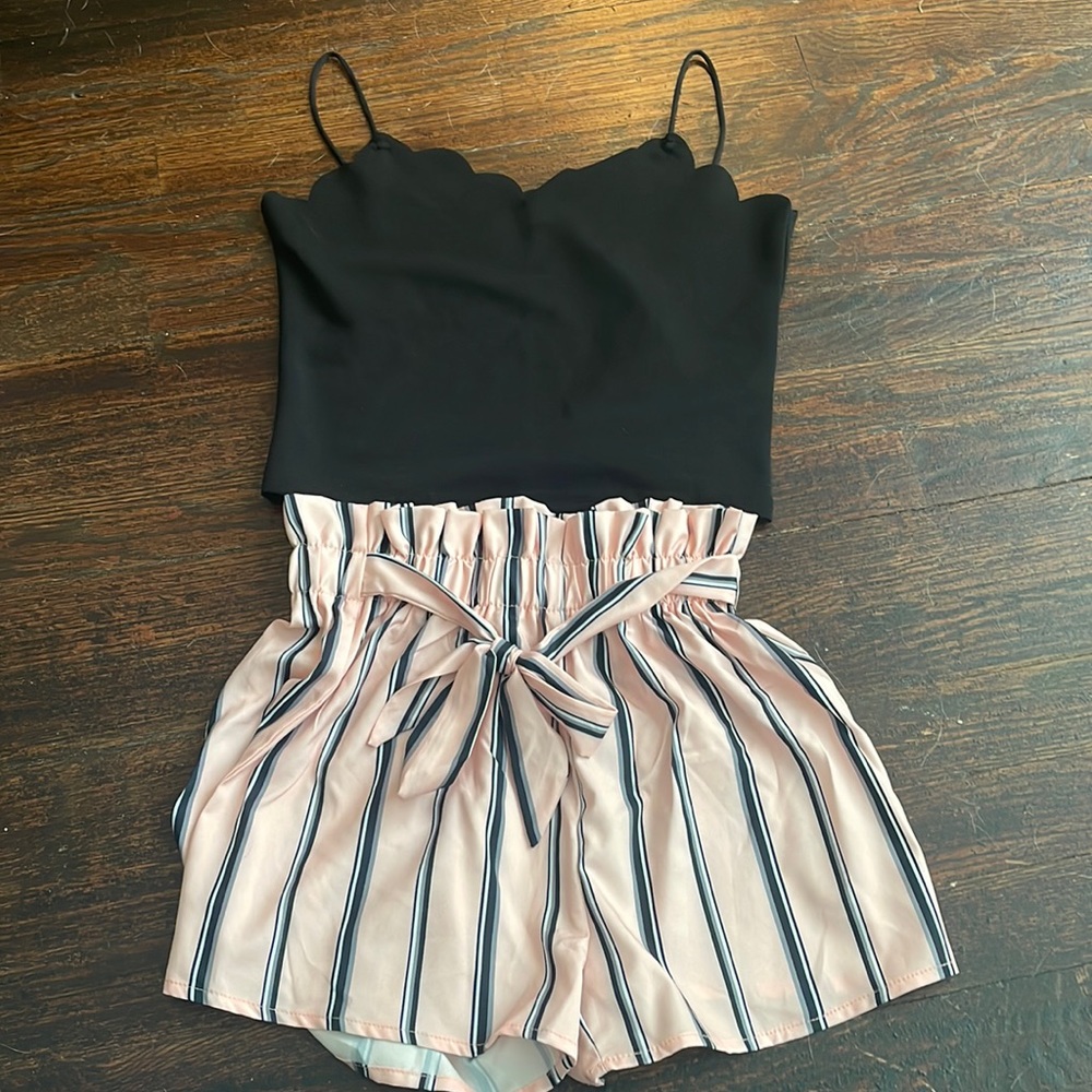 Kids shorts 11-12y  pink with black, grey and white stripes.